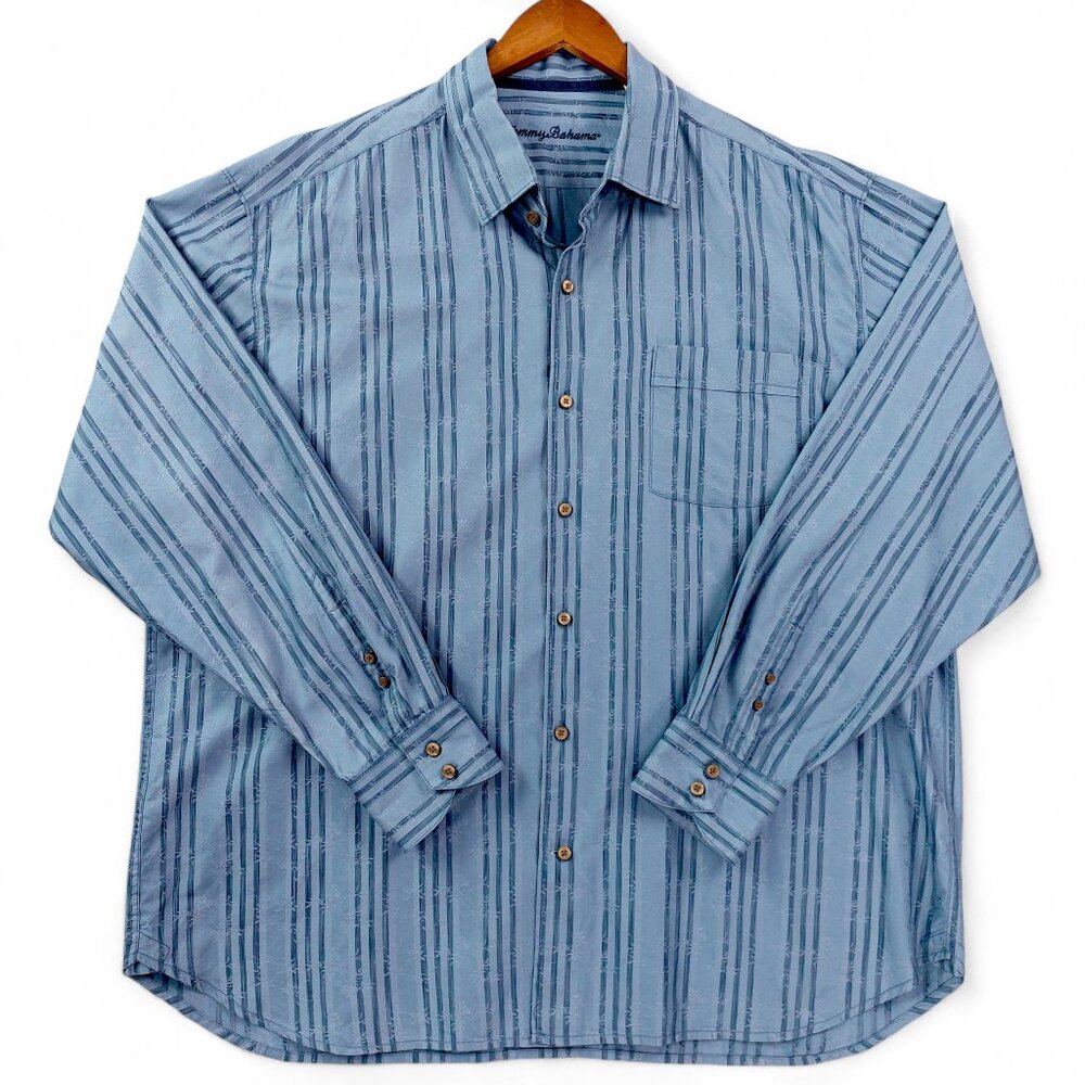Tommy Bahama Shirt Mens XXL Blue Striped Palm Bamboo Jacquard Long Sleeve Casual